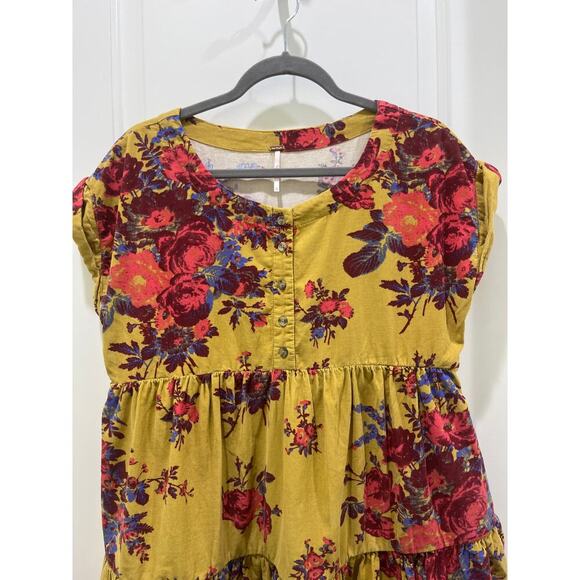 Free People Harper Mini Dress Cotton Corduroy Button Front Tiered Smocked Sz XS - Picture 3 of 8